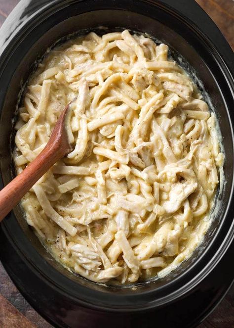 Slow Cooker Chicken and Noodles are pure comfort food! It doesn't get much easier than this delicious comforting crock pot chicken and noodles recipe! Reames Chicken And Noodles, Slow Cooker Chicken And Noodles, Reames Noodles, Homemade Chicken And Noodles, Crockpot Chicken Noodle Soup, Creamy Chicken And Noodles, Chicken And Egg Noodles, Simply Happy Foodie, Crockpot Chicken And Noodles