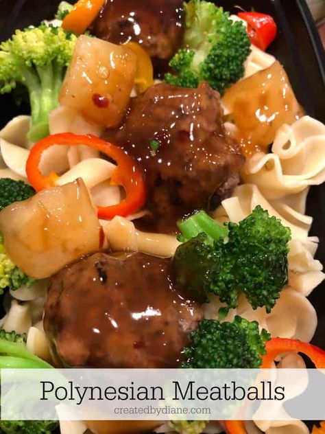 Polynesian Meatball recipe sweet and sour createdbydiane.com Polynesian Meatballs Recipe, Polynesian Meatballs, Meatballs With Egg Noodles, Meatballs Crockpot, Spiced Vegetables, Sauteed Cabbage, Sweet And Sour Meatballs, Polynesian Food, How To Cook Meatballs