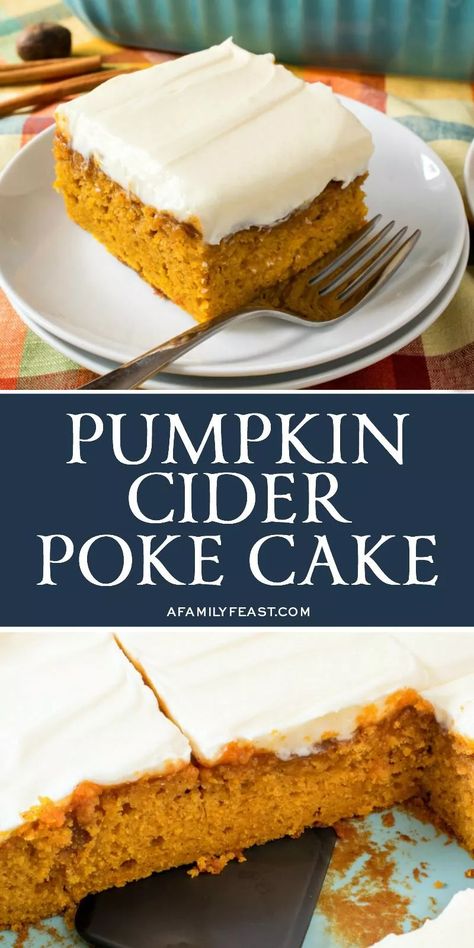 This Pumpkin Cider Poke Cake is a super moist pumpkin cake topped with a sweet apple cider glaze that seeps into the cake, plus a cream cheese frosting. Lychee Cake, Moist Pumpkin Cake, Pumpkin Cider, Apple Cider Glaze, Feast Recipes, Awesome Desserts, Pumpkin Desserts, Poke Cake Recipes, Poke Cakes