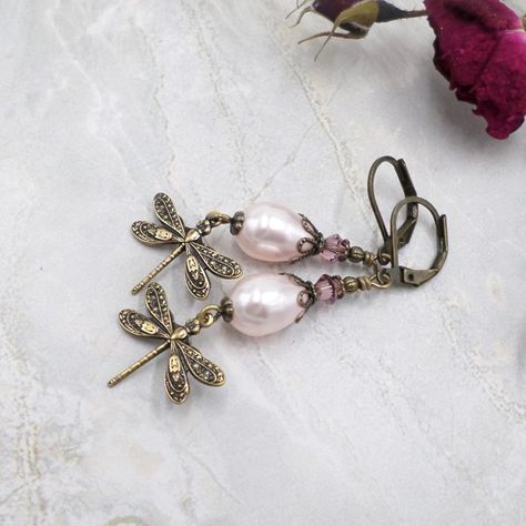 Brass Dragonfly Pink Pearl Earrings, Cottagecore Style Jewelry, Special Gift For Mom, Pink Crystal Dangles, Grandmacore Gift Earrings Cottagecore, Victorian Style Jewelry, Pink Pearl Earrings, Artisan Jewelry Earrings, Special Gifts For Mom, Earrings Handmade Dangle, Dragonfly Charm, Cottagecore Style, Handcrafted Artisan Jewelry