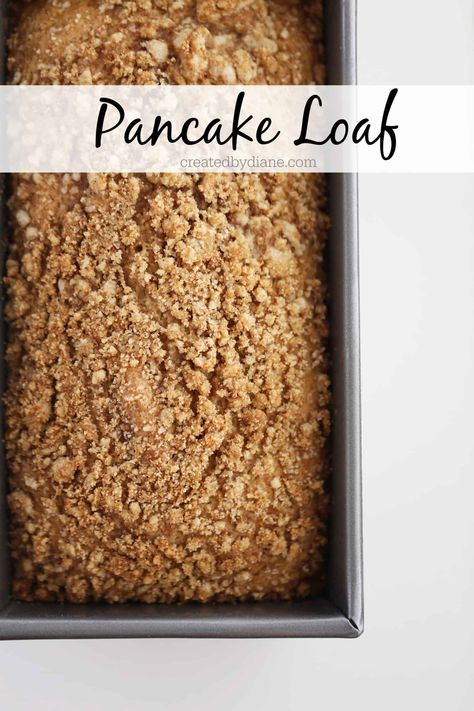 Pancake Loaf | Created by Diane Pancake Mix Bread Recipe, Pancake Loaf, Pancake Bread Recipe, Crumb Topping Recipe, Cake Mix Pancakes, Breakfast Loaf, Pancake Mix Recipe, Pancake Mix Recipes, Baked Pancakes