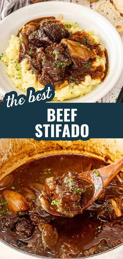 Dive into the rich flavors of Greece with this hearty Beef Stifado recipe! Perfect for cozy dinners. 🍲 #BeefStifado #GreekCuisine Spanish Stewed Beef, Beef Stifado Recipe, Greek Beef Stifado Recipe, Beef Stew Spanish Style, Stewing Beef Recipes, Greek Beef Stew Recipe, Stifado Recipe, Greek Stew, Mediterranean Beef Stew