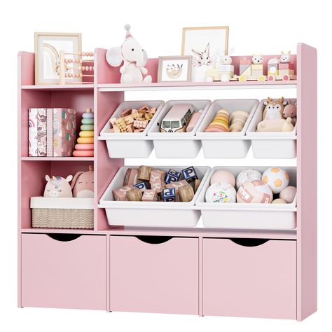 PRICES MAY VARY. Diversified storage: This toy organizer 4-in-1 storage space (bookshelves, toy bins, cubes storage, and closed drawers) is designed for all the needs of toy storage. 3+6 Movable Drawers/Bins: The drawers on the caster design allow your little ones to move around the room. Plastic bins keep toys in plain view and hold up well on bookshelves. Spacious Storage: With ample storage space and relaxing reading shelves, the toy storage organizer fosters an organized and joyful play area Full Wall Playroom Storage, Built In Toy Storage Play Areas, Toddler Girl Room Storage, Toy Organizers For Kids Room, Kids Toy Storage Ideas Bedroom, Small Room Toy Storage, Toddler Room Set Up, Toddler Toy Storage Ideas, Playroom Storage Ideas Organizing Toys