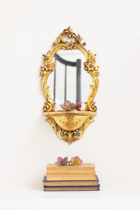 Victorian Gold Mirror Bathroom, Gold Vintage Mirror Aesthetic, Small Gilded Mirror, Vintage Gold Mirror, Gallery Shelves, Gold Baroque Mirror, Scrolled Gold Mirror, Ornate Mirror, Entryway Wall