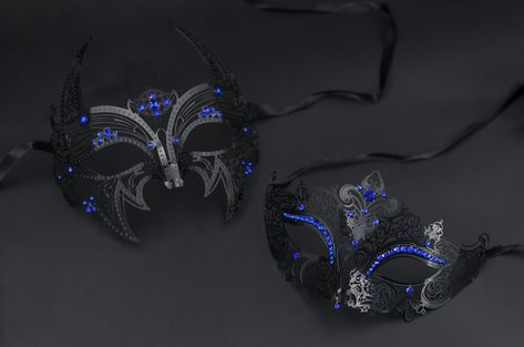 Couples Masquerade Mask Set Black Masks with Blue Rhinestones Masquerade Mask https://enlovecollection.etsy.com/listing/1667103862 Blue Masquerade Mask, Masquerade Mask Diy, Masquerade Mask Black, Couples Masquerade Masks, Ball Mask, Quince Ideas, Blue Mask, Mask Black, Black Mask