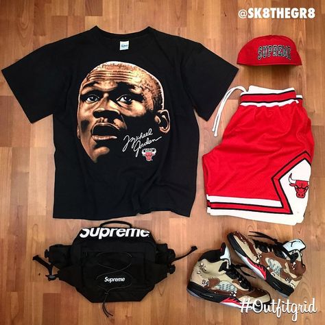 Today's top #outfitgrid is by @sk8thegr8. ▫️ #Supreme #Hat #Bag & #JordanV ▫️ #Vintage #Jordan #Tee ▫️ #MitchellAndNess #Shorts American Eagle Clothes, Bulls Outfit, Black Teens Fashion, Air Jordan Outfit, Supreme Hat, Hype Clothing, Cute Nike Outfits, Black Men Street Fashion, Dope Outfits For Guys