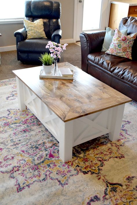 DIY Farmhouse Coffee Table Farmhouse Style Coffee Table, Diy Farmhouse Coffee Table, Farmhouse Bench Diy, Free Building Plans, Farmhouse Buffet, Farmhouse Coffee Table, Coffee Table Plans, Farmhouse Console Table, Creative Mom