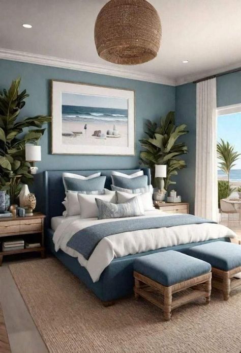 Greek Bedroom, Ocean Room Decor, Coastal Bedroom Decorating, Guest Bedroom Decor, Minimalist Bedroom Design, Coastal Bedroom, Style Deco, Bedroom Green, Blue Bedroom