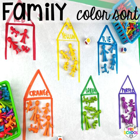 Family color sort plus more math butcher paper activities for preschool, pre-k, and kindergarten students to move and explore while learning. Family Stem Activities For Preschool, Family And Friends Preschool Activities Math, Pre K Center Activities, Friends And Family Prek Theme, Highscope Small Group Activities Preschool, Family Anchor Chart Preschool, Family Themed Science Activities, Family Counters Activities, Family Ideas For Preschool