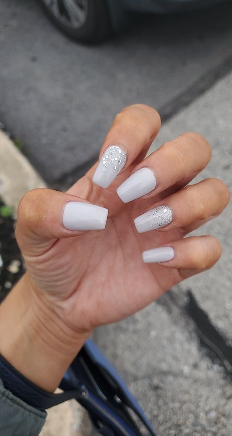 Trendy Nails Ideas White, Simple Elegant White Nails, Milk White Nails With Rhinestones, White Nails For Hoco, Coffin White Nails, Nails For Hoco, Cute White Nails, White Nails With Glitter, Hoco Nails