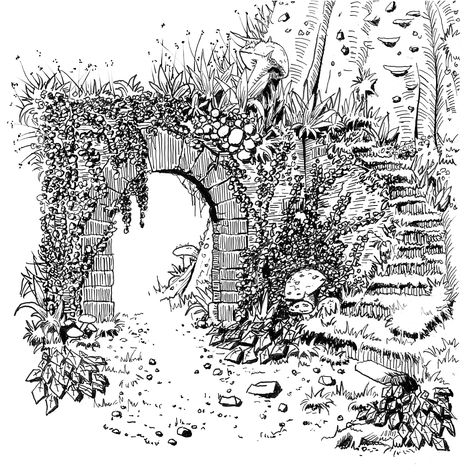 Fantasy Pen Drawing, Forest Pen Drawing, Fantasy Garden Drawing, Fantasy Forest Sketch, Fantasy Forest Drawing, Forest Ink Drawing, Underground Drawing, Garden Design Sketch, Ruins Drawing