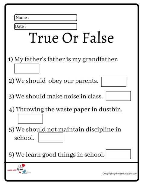 True Or False Worksheet 2 | FREE Download  Check more at https://kto5education.com/true-or-false-worksheet-2/ True Or False Worksheet, School Discipline, Homework Ideas, Family Worksheet, Learning English For Kids, True Or False, True False, English For Kids, Learning English