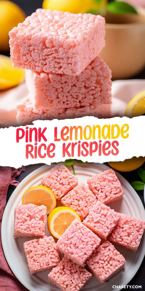 Lemonade Rice Krispie Treats, Pink Lemonade Rice Krispie Treats, Pink And White Cookies, Pretty Rice Crispy Treats, Fruit Treats For Party, Pink Desserts Birthday, Summer Rice Krispie Treats, Rice Krispie Flavors, Pink Stuff Dessert