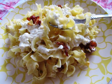 Turos Csusza (Hungarian noodles with cottage cheese, sour cream and bacon) - Super easy to make and tastes amazing! Cottage Cheese Noodles, Hungary Food, Cheese Noodles, Queso Cottage, Cabbage And Noodles, Macedonian Food, Hungarian Cuisine, Eastern European Recipes, Table D Hote