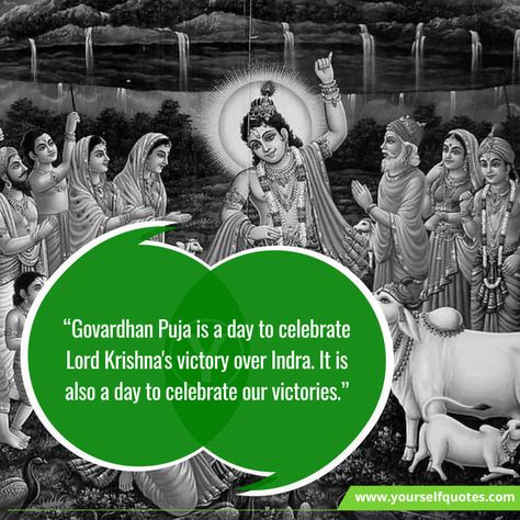 Govardhan Puja is one of the most significant festivals celebrated by Hindus all over the world. It commemorates Lord Krishna's victory over Indra, th... , Happy Govardhan Puja Quotes , https://www.yourselfquotes.com/govardhan-puja-quotes/ Goverdhan Puja, Govardhan Pooja, Happy Govardhan Puja, Happy Govardhan, Govardhan Puja, Hindu Worship, Wish Board, Wish You Luck, Instagram Picture Quotes