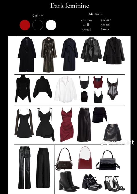 Dark Semi Formal Outfit, Red And Black Capsule Wardrobe, Avant Garde Capsule Wardrobe, Dark Feminine Wardrobe Essentials, Classy Grunge Aesthetic, Dark Feminine Essentials, Winter Outfits Dark Feminine, Dark Feminine Everyday Outfits, Dark Feminine Work Outfits