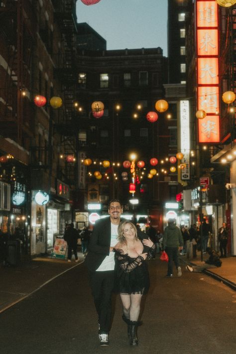 An Edgy and Colorful Engagement Session in Chinatown Chinatown Couple Photoshoot, Chinatown Engagement Photos, Flash Photography Engagement Photos, Edgy Engagement Photos, Chinatown Wedding, Edgy Engagement Pictures, Chinatown Manhattan, Picture Background, Flash Photo