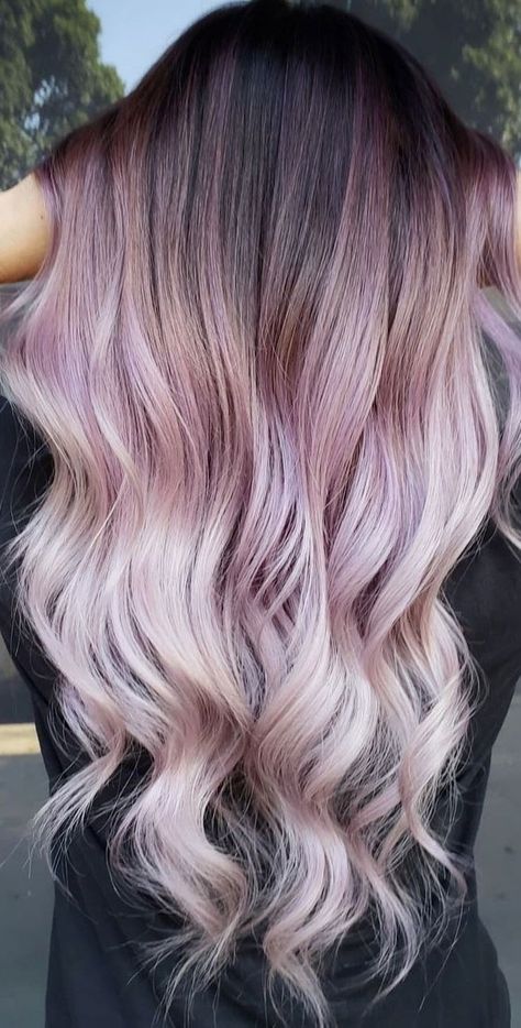 Violet Roots Blonde Hair, Metallic Brown Hair, Grey Hair With Pink Highlights, Lavender Blends, Metallic Hair Color, Shadow Roots, Curling Tips, Hair Aesthetics, Lavender Hair Colors