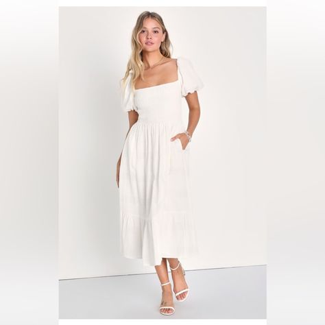 Lulus, Small, White, Smocked Dress, Pockets Casual Long White Dress, Smocked Bodice Dress, Engagement Photo White Dress, Babydoll Maxi Dress, White Puff Sleeve Sundress, White Engagement Photo Dress, Simple White Maxi Dress, Sundress With Sleeves, White Maternity Dress