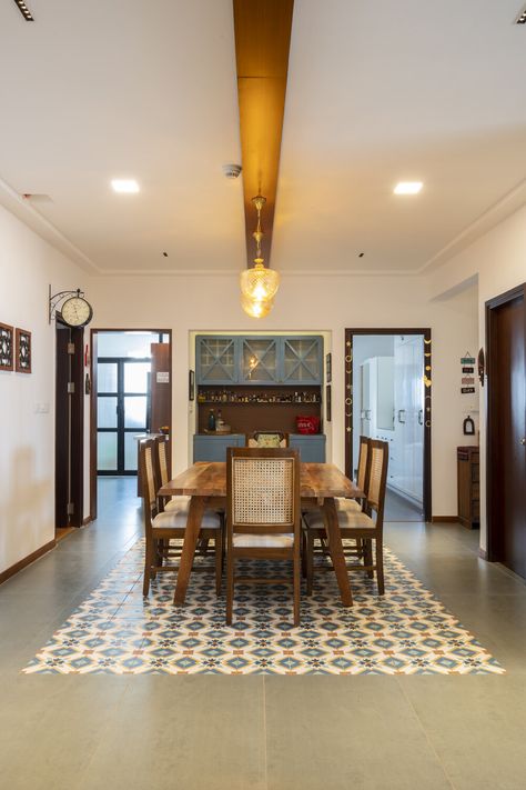 Conventional House Design, Indian Flooring Ideas, Apartment Flooring Ideas, Athangudi Tiles Interiors, Tiles Dining Room, Home Floor Design, Earthy Eclectic, Eclectic Apartment, Decor Ideas Bedroom