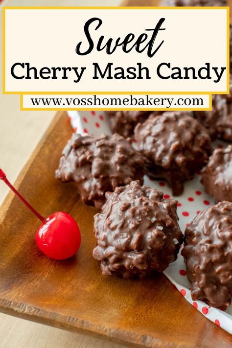 close up of chocolate candy on a plate and a cherry sitting next to the candy. Text at the top of the photo reads "Sweet Cherry Mash Candy" and it also includes the website to find the recipe that reads "vosshomebakery.com" Joanna Gaines Cherry Mashers Candy, Cherry Chips Recipe, Old Fashioned Cherry Mash Chocolates, Cherry Chocolate Fudge Recipes, Glazed Cherry Recipes, Aunt Mary’s Cherry Mashers, Cherry Mashers Joanna Gaines, Cherry Bing Bars Recipe, Cherry Truffles Recipe