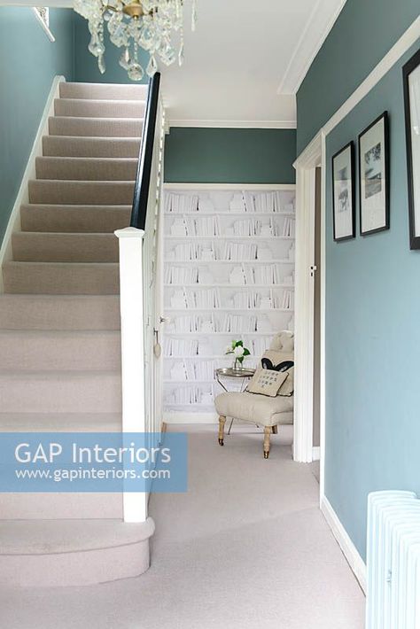 Cream carpet on stairs Blue Hallways, Grey Hallway Ideas, Carpet On Stairs, Hallways Ideas, Blue Hallway, Classic Bedroom Design, Grey Hallway, Cream Carpet, Colour Trend