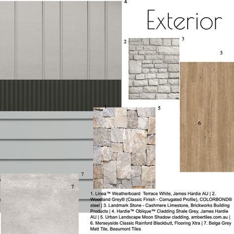 Exterior - Modern Neutral Linea Oblique Cladding, Grey Cladding Exterior, Materials Board Architecture, Exterior Mood Board, Crazy Pave, Coastal Home Exterior, Limestone Cladding, Neutral Interior Design, Exterior Color Palette