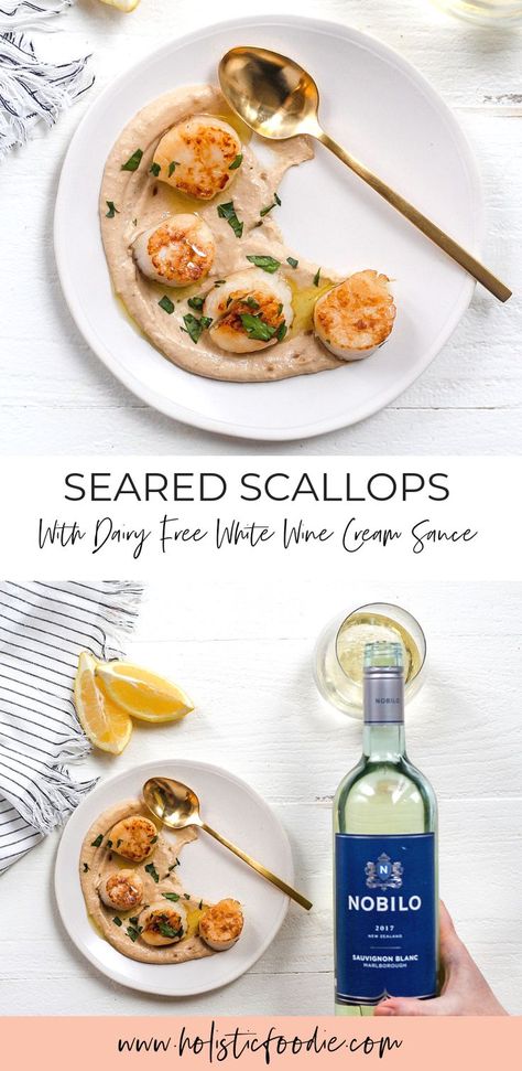 Looking to impress your friends, family, significant other or just yourself? Make these seared scallops in white wine cream sauce. The sauce makes a perfect pasta sauce and the scallops are cooked to perfection. Check out this paleo, gluten free and dairy free recipe now! #scallops#seafood #healthydinner #healthy#easydinner Poached Fish Recipes, Wasabi Aioli, Fresh Fish Recipes, Wine Cream Sauce, Carpaccio Recipe, Eco Friendly Party, White Wine Cream Sauce, Dairy Free Recipe, Dairy Free Pasta