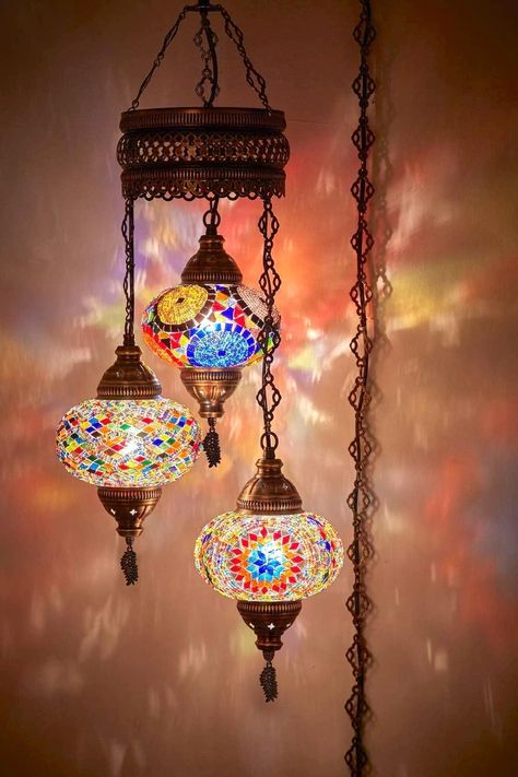 DEMMEX Customizable Turkish Moroccan Mosaic Swag Plug in Chandelier Ceiling Hanging Lamp Pendant Light Fixture Lighting, 15ft Cord Chain and Plug, 3 Big Globes (Plug in) - Amazon.com Lantern Ceiling, Colorful Lamp, Plug In Chandelier, زجاج ملون, Candelabra Chandeliers, Hanging Ceiling Lamps, Lamp Handmade, Turkish Lamps, Mosaic Lamp