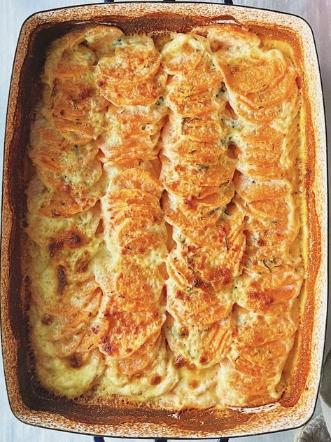 Sweet Potato au Gratin - Carolina Gelen Sweet Potato Au Gratin, Carolina Recipes, Sweet Patato, Potato Au Gratin, Sweet Potato Seasoning, Sweet Potato Gratin, Au Gratin Potato Recipes, Themed Recipes, Savory Meals