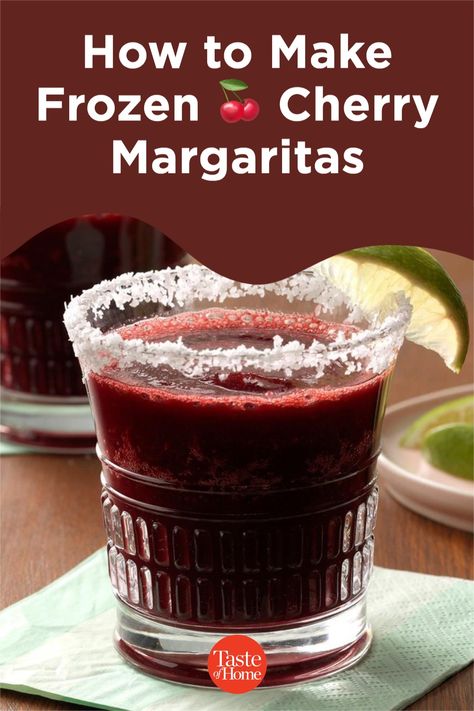 When summer rolls around, I start thinking about all the fun drinks I can whip up to stay cool. This frozen cherry margarita is a favorite of mine. It's so delicious, and the deep red color is amazing. —Crystal Jo Bruns, Iliff, Colorado Cherry Tequila Drinks, Frozen Cherry Margarita Recipe, Frozen Cherry Margarita, Cherry Mixed Drinks Alcohol, Sweet Cherry Italian Margarita, Cherry Juice Cocktail Recipes, Daquiri Recipe Cherry, Maroon Alcoholic Drinks, Cherry Liquor Cocktails