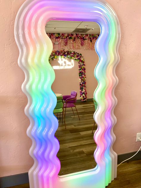 Kawaii Full Body Mirror, Aesthetic Rooms Ideas, Bedroom Chandelier Master Rainbow, Rainbow Shaped Lamp, Pink Neon Mirror, Wallpaper Bedroom Aesthetic, Aesthetic Bedroom Design, Ranbow Bedroom Lights, Living Room Victorian