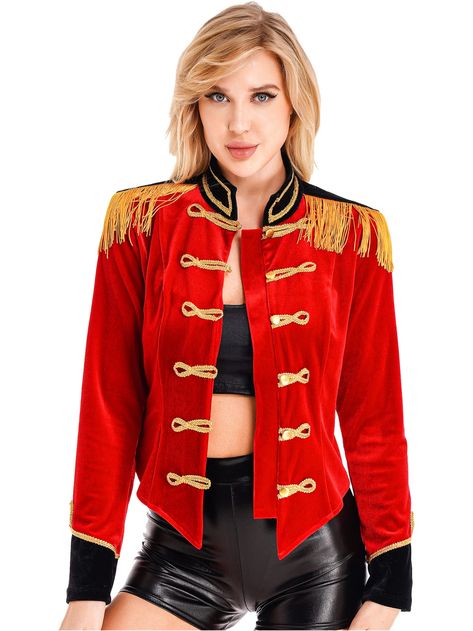 PRICES MAY VARY. Made of soft fabric, breathable, comfy to touch and wear, makes you feeling well Long sleeve jacket for women, stand collar, fringed shoulder board, button closure The jacket is decorated with gold braid trim, makes you more eye-catching Great for role-playing, Halloween, theme party, stage performance, fancy dress ball, etc Please check the size clearly before purchasing, hand wash cold recommend Set Include: 1x Jacket  Condition: New without tag  Material: 90% Velvet, 10% Poly