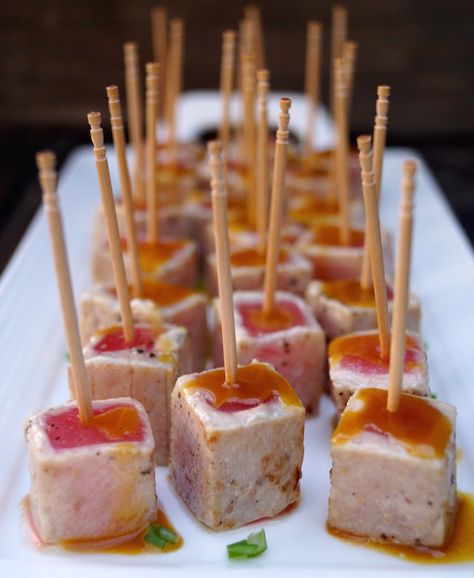 Wasabi-Glazed-Seared-Ahi-Tuna Seared Ahi Tuna Recipe, Catering Appetizers, Tuna Appetizer, Ahi Tuna Recipe, Seared Ahi Tuna, Toothpick Appetizers, Halloween Finger Foods, Weekend Recipes, Unique Appetizers