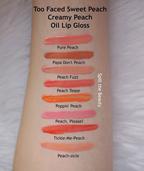 Peachy Makeup, Too Faced Just Peachy, Oil Lip Gloss, Peach Lip Gloss, Too Faced Sweet Peach, Peach Lipstick, Orange Lipstick, Peach Lips, Peach Aesthetic