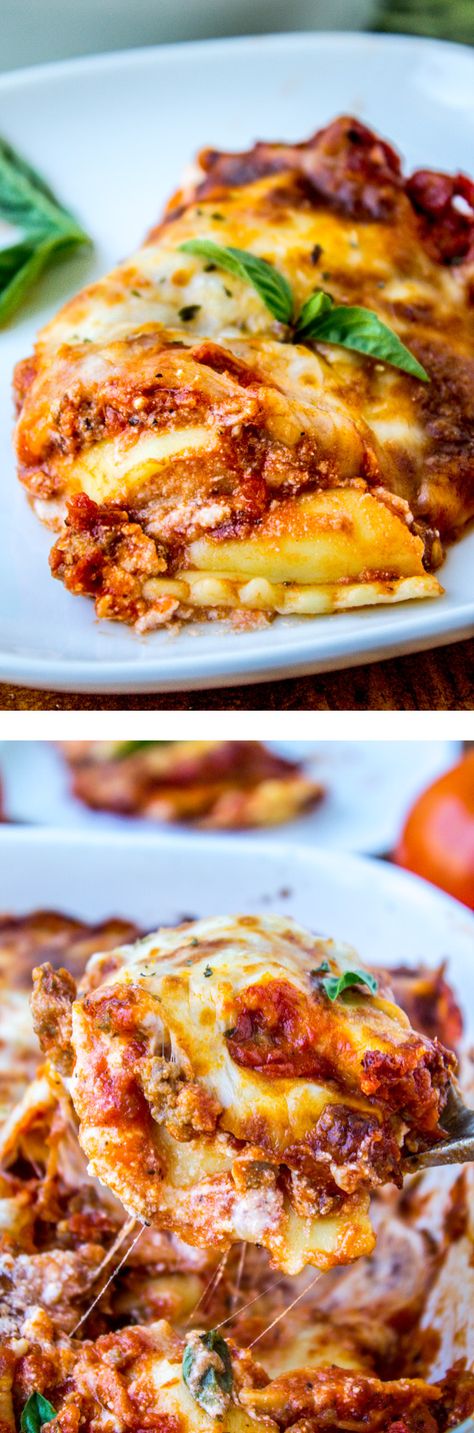 Easy Cheesy Ravioli Lasagna from The Food Charlatan // Hearty no-brainer dinner to make on busy back-to-school nights. It’s a total crowd-pleaser! And a great make-ahead meal too.: Rana Ravioli, Dinner Ravioli, Mozzarella Marinara, Lasagna Ravioli, Ravioli Lasagne, Cheesy Ravioli, Lasagna Bake, Sausage Ravioli, Easy Ravioli