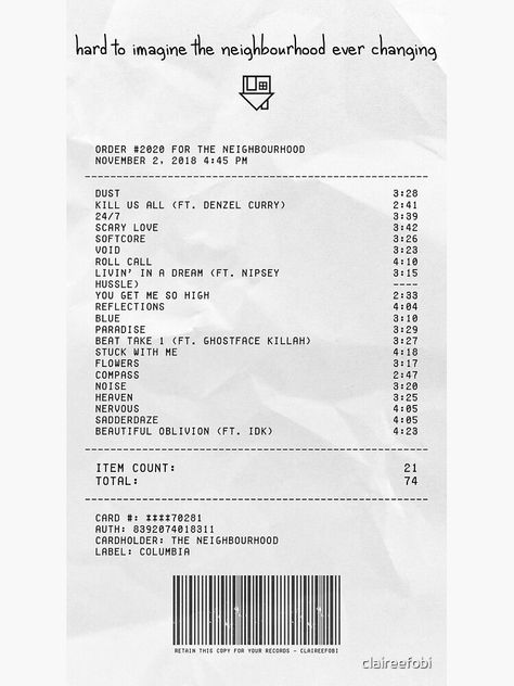 The Neighbourhood Receipt, Hard To Imagine The Neighbourhood, Album Receipts, Album Receipt, Wallpaper Tumblr Lockscreen, Vintage Music Posters, Computer Sticker, Music Stickers, Cinema Posters