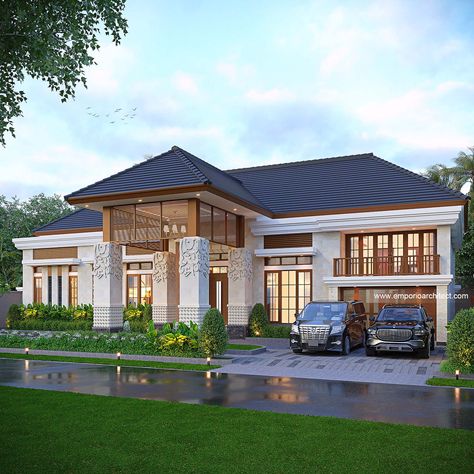 "1786th Design" . This house design is owned by our client in Bengkulu. Appearing aesthetically with natural stone finish decorated with Balinese pillars and ornaments, this Balinese villa style house looks charming, embellished by a tropical garden at the front. Then, to make the house feel beautiful with the impression of a villa-style vacation, we equipped the backyard area with patio, gazebo and green tropical garden. Wow, it must be refreshing to relax here! . The 12th design of June, 16... Balinese House Design, Modern Balinese House, Tropical Villa Design, Balinese Villa, Emporio Architect, Backyard Area, Villa Style, Patio Gazebo, Feel Beautiful