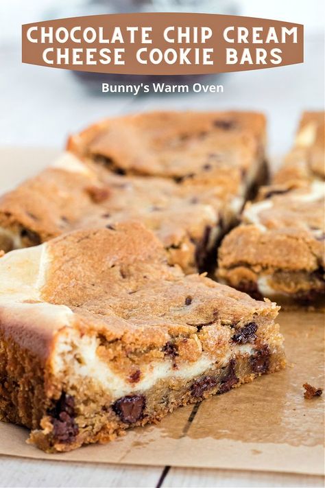 Cookie Cream Cheese Bars, Quick And Easy Bars Recipes, Desserts Made With Cream Cheese, Chocolate Chip Cream Cheese Bars, Easy Cream Cheese Desserts, Cream Cheese Blondies, Cookie Dough Cream Cheese, Cream Cheese Cookie Bars, Chocolate Chip Cream Cheese