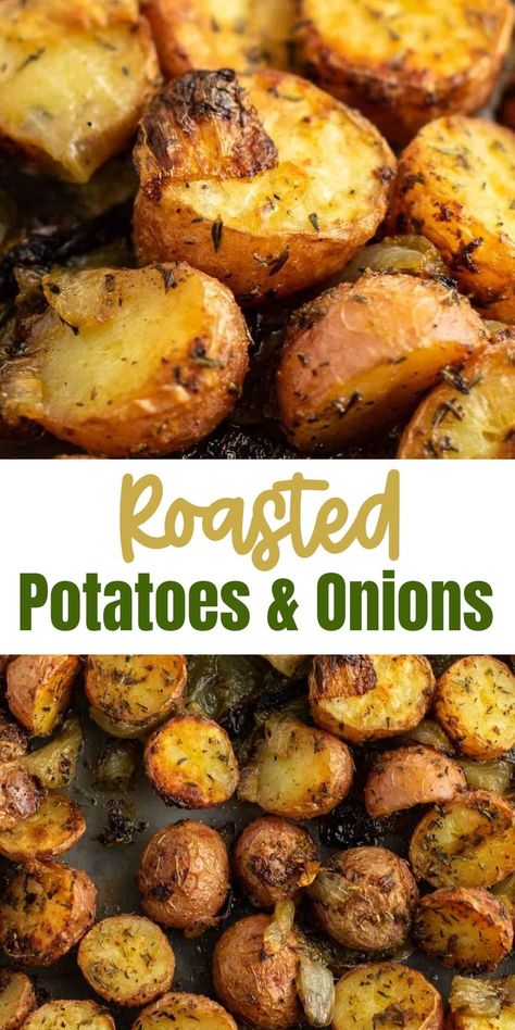 Baked Onions And Potatoes, Oven Roasted Potatoes With Onion Soup, Roasted Potatoes Onions And Peppers, Red Potato And Onion Recipes, French Onion Roasted Potatoes, Crunchy Roasted Potatoes, Crockpot Potatoes And Onions, Potato’s And Onions, Sauteed Potatoes And Onions