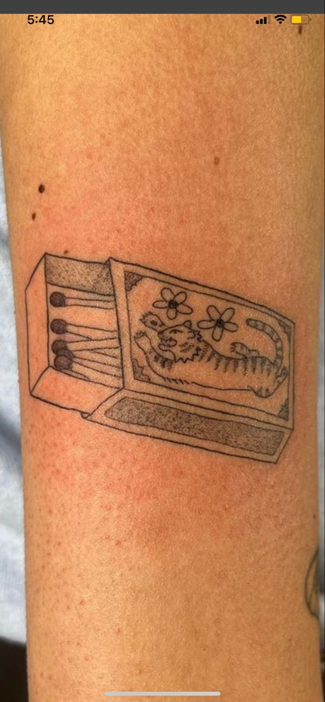 Vintage Lighter Tattoo, Painting Inspired Tattoo, Thank You Bag Tattoo, Match Book Tattoo, Box Of Matches Tattoo, Takeout Box Tattoo, Moka Pot Tattoo, Matchbox Drawing, Wes Anderson Tattoo Ideas