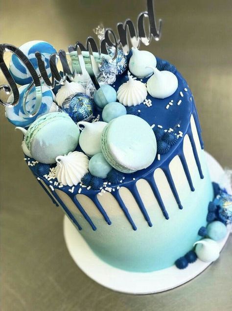 Pretty Blue Birthday Cakes, Blue Macaron Cake, Blue Birthday Cakes For Boys, Blue 18th Birthday Cake, Blue Bday Cake, Blue Drip Cake, Macaroon Cake, Blue Birthday Cakes, 13 Birthday Cake