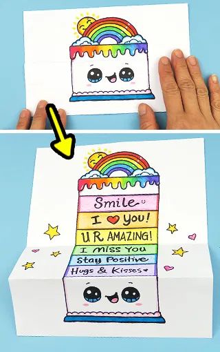 Folding Surprise Rainbow Cake – Draw So Cute Cute Drawings For Kids Kawaii, Cute Birthday Cake Drawing, Cute Food Drawings Kawaii, Birthday Drawing Ideas Art, Cake Drawing For Kids, Cute Happy Birthday Drawings, Cake Drawing Easy, Surprise Drawing, Cake Draw