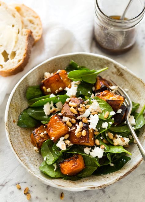 Spinach Feta Salad, Sweet Potato Avocado, Pumpkin Spinach, Potato Avocado, Honey Balsamic Dressing, Feta Salad Recipe, Pumpkin Salad, Roasted Sweet Potato, Honey Balsamic