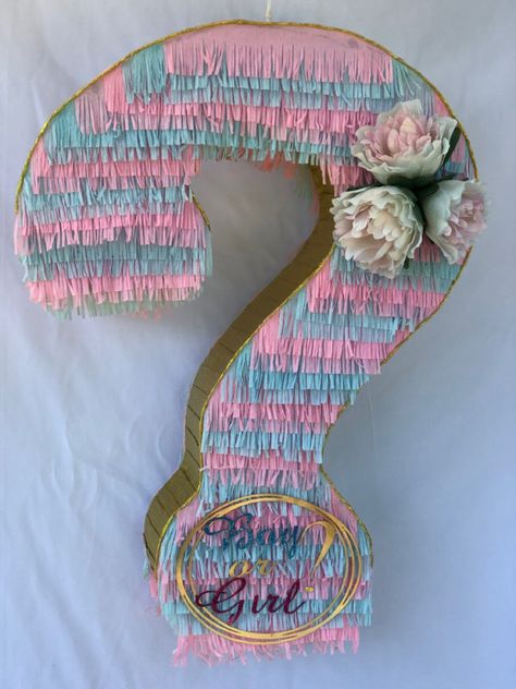 Hand made crepe piñata Flowers Gender Reveal, Questions Mark, Gender Reveal Pinata, Flowers Butterfly, Gold Tips, Question Mark, Gender Reveal, Pink And Gold, Boy Or Girl