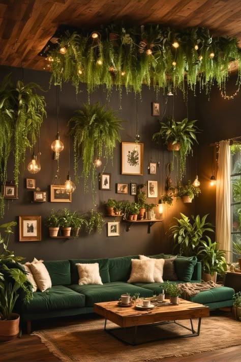 Inside Plant Wall Ideas, Moody And Bright Interior Design, Sanctuary Living Room, Green Boho Living Room Decor, Dark Green Ceiling Living Room, Plants Hanging From Ceiling Living Rooms, Botanical Old World Aesthetic, Green Nature Living Room, Zen Apartment Living Room