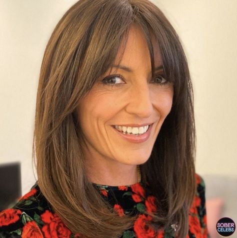 Mid Length Hair With Sweeping Fringe, Davina Mccall Hair Fringe, Celebrity Fringes Hairstyles, Brunette Bob Hairstyles With Fringe, Hair Styles With Fringes Mid Length, Mid Length Hair With Bangs 2023, Sweeping Fringe Mid Length, Collarbone Hair With Bangs, Midi Hair With Bangs