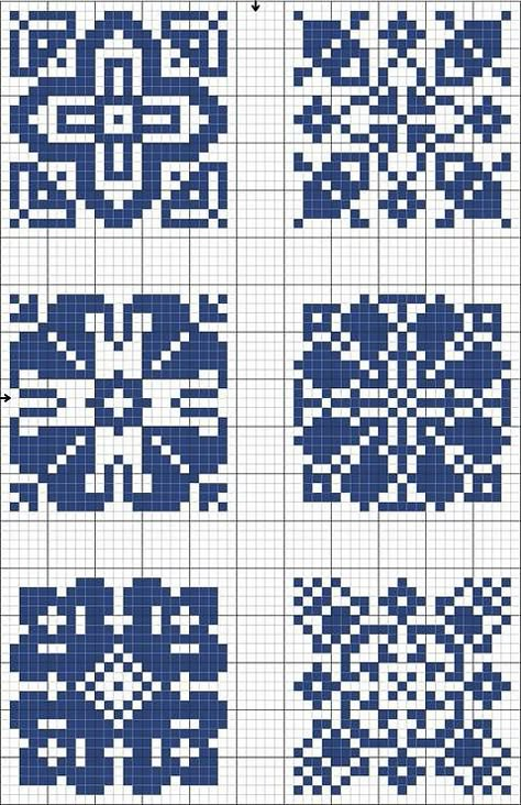 Biscornu Cross Stitch, Pola Kristik, Pola Sulam, Crochet Tapestry, 자수 디자인, Blue Tiles, Tapestry Crochet, Crochet Chart, Knitting Charts