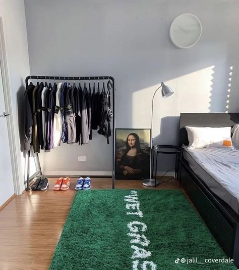 Wet Grass Rug Aesthetic, Wet Grass Room, Wet Grass Rug, Clothing Rack Aesthetic, Hype Design, Clothing Rack Bedroom, Birthday Decoration Ideas, Mens Room Decor, Bedroom Birthday