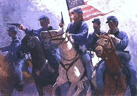 "Flank Attack", a gouache painting by Robert Stack. Civil War Union cavalry riding with an American flag. Us Cavalry, Robert Stack, Wilde Westen, American Frontier, Civil Wars, Cowboy Art, Paintings Prints, Far West, The Old West